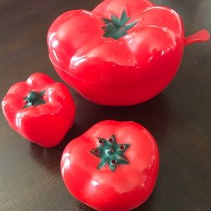 Vintage tomato salt and pepper set and sauce bowl